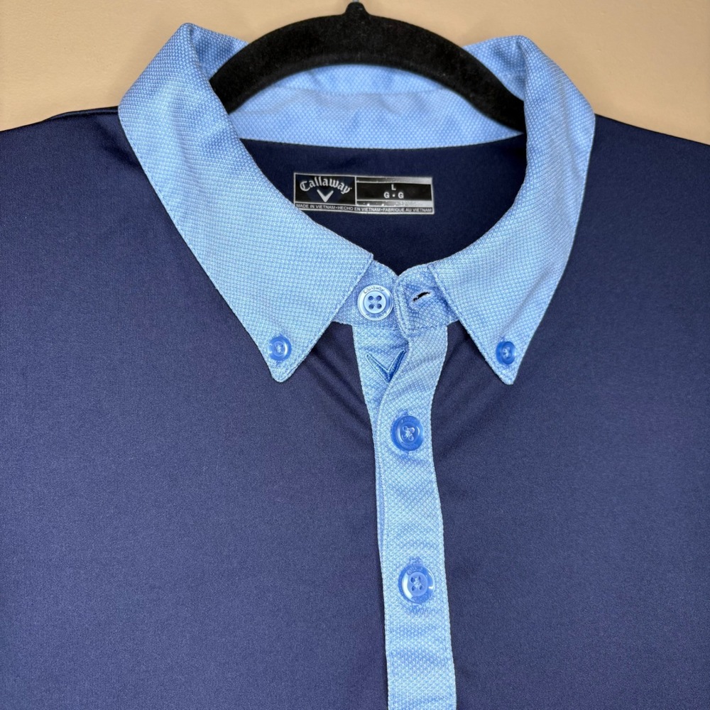 Callaway Mens Large Polo Shirt Navy Light Blue Colorblock Performance Golf